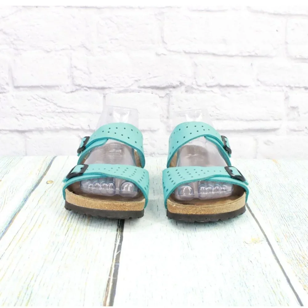 Birkenstock Birki's Freeport Blue Perforated Leather 2 Strap Sandals Size L6 M4 - Picture 4 of 9